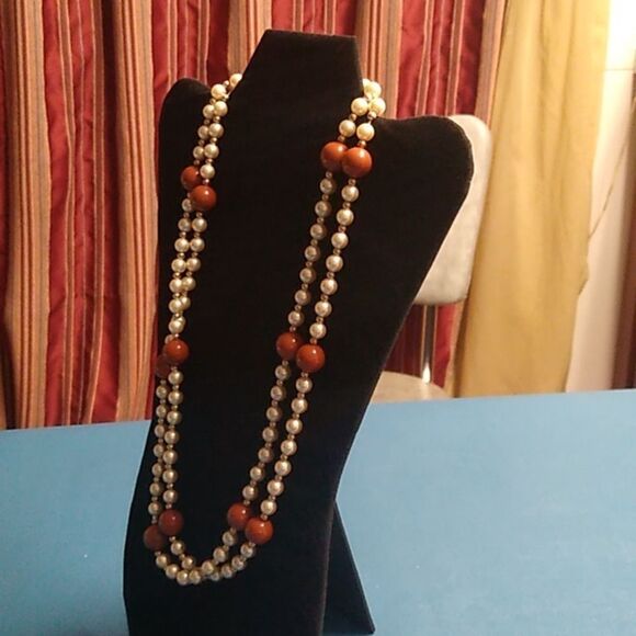 Faux Pearl Brown & Gold Beaded Long Necklace Cottagecore Grandmacore - Picture 2 of 8